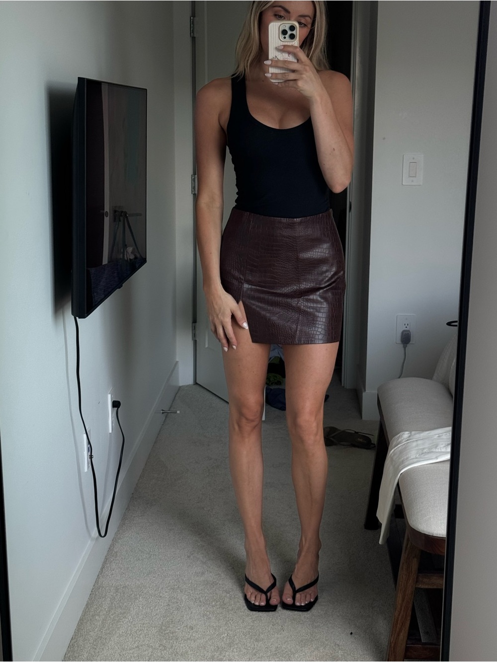 Faux Croc Mini Skirt in Dark Brown